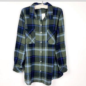 NWT Sanctuary Olive and Blue Plaid Boyfriend For Life Long Sleeve Shirt 2X